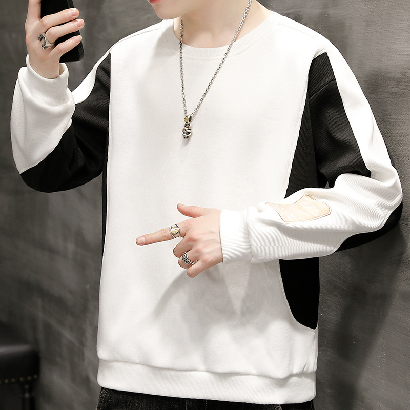 潮流重磅拼接寬鬆大碼圓領打底百搭長袖T恤