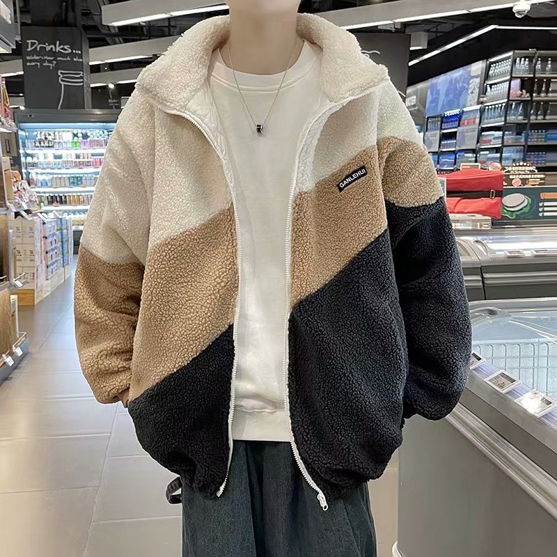 韓版寬鬆簡約立領夾克潮流拼色羊羔絨情侶外套