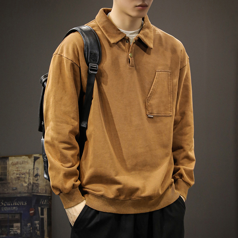 重磅美式復古POLO領寬松大碼百搭痞帥長袖衛衣