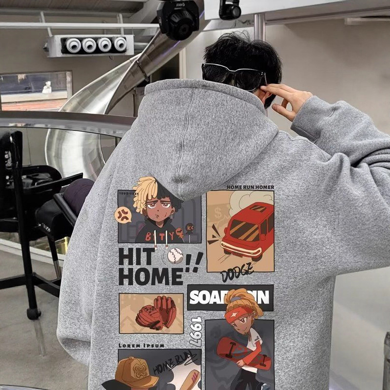 春秋款寬鬆美式重磅休閒套頭休閑印花連帽T