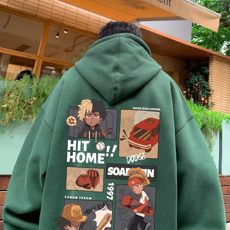 春秋款寬鬆美式重磅休閒套頭休閑印花連帽T