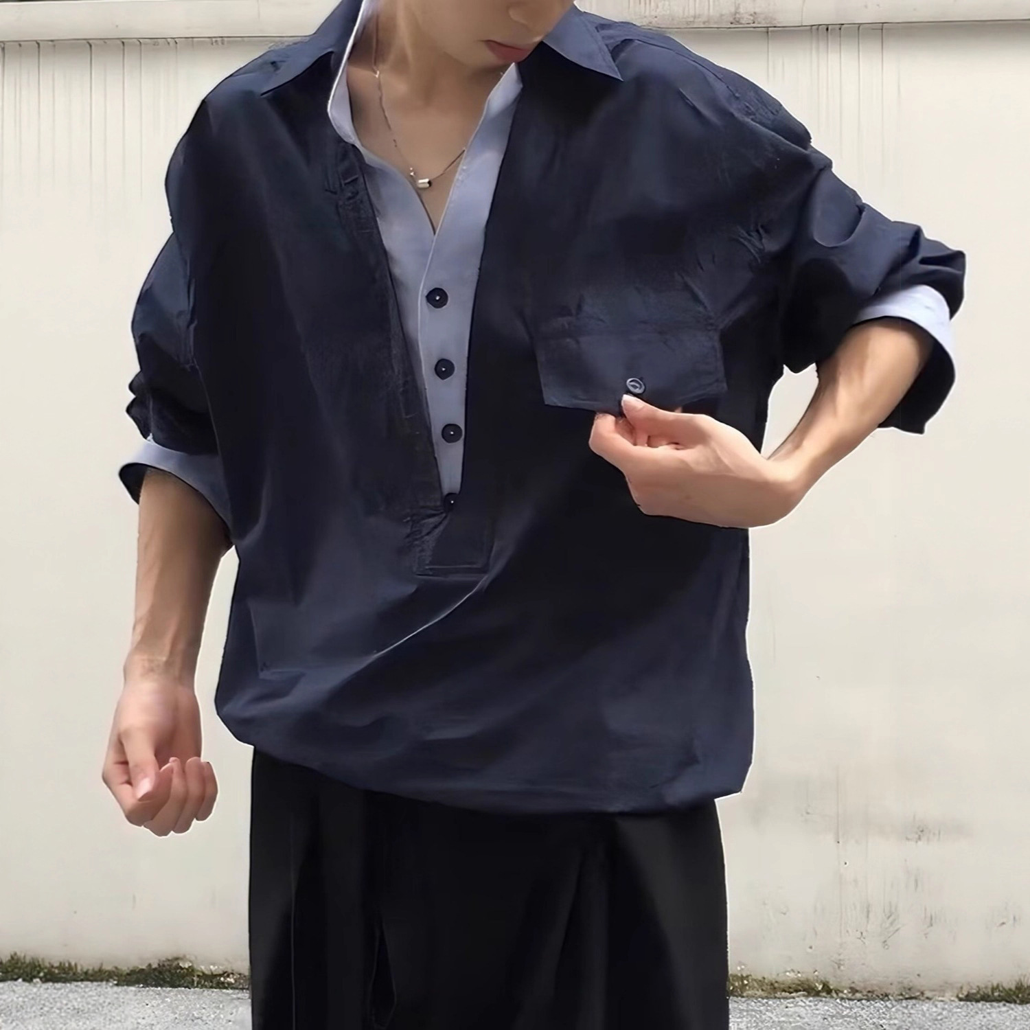 美式復古工裝假兩件日系拼接高級感長袖襯衫