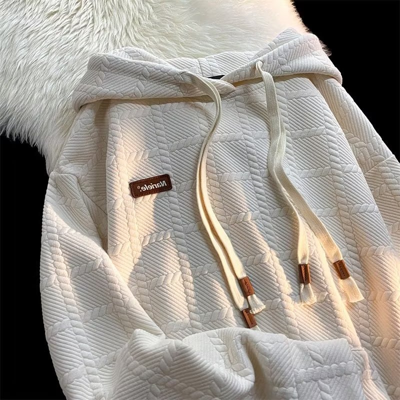 時尚素色帽衫方格雙帽繩重磅長袖連帽T