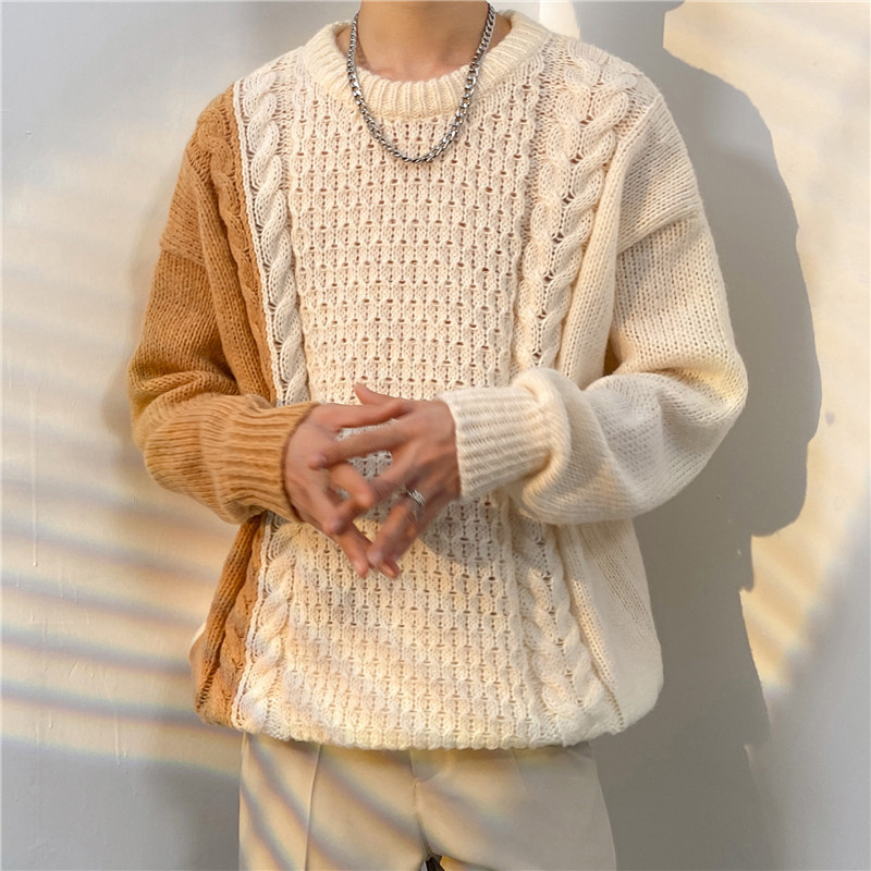 美式復古高街潮牌休閒百搭圓領粗針織毛衣