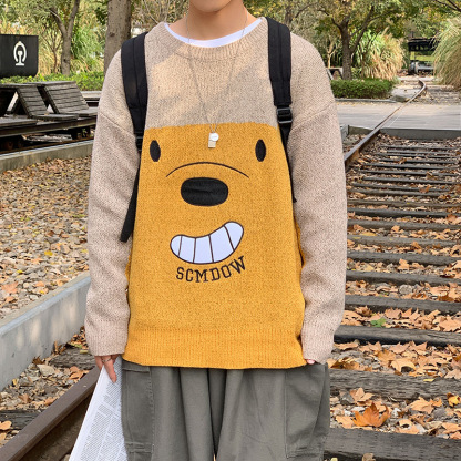 春秋韓版潮流情侶裝長袖休閒小熊針織毛衣