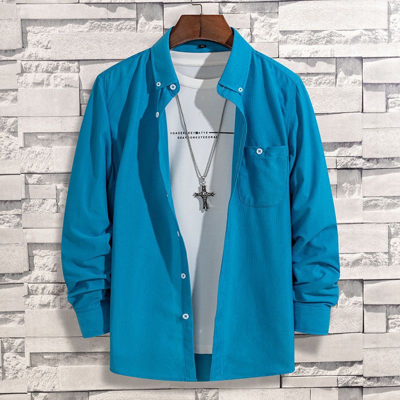 韓版寬鬆純色磨毛有口袋燈芯絨長袖襯衫