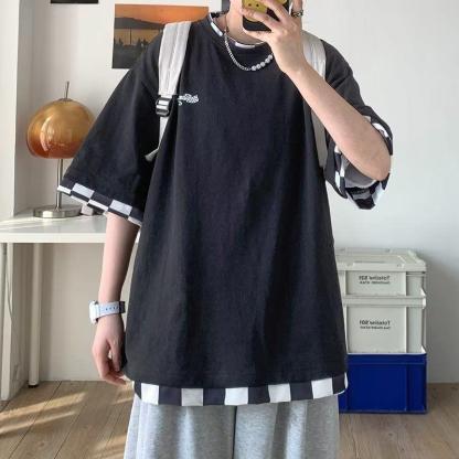 港風寬鬆五分袖百搭休閒假兩件短袖T恤