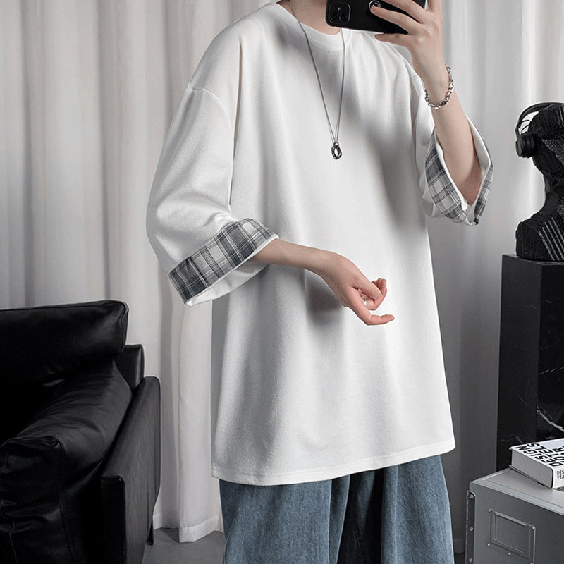 港風潮流格子拼接寬鬆圓領短袖-Nuostyle