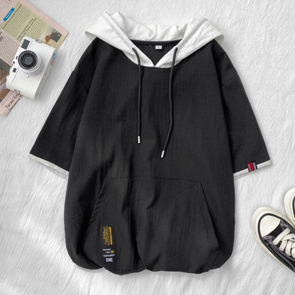 拼接潮流日系撞色套頭半袖連帽T