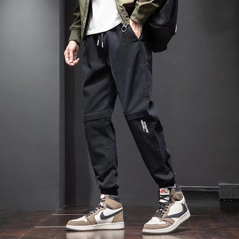 時尚潮流鬆緊腰休閒刷毛運動九分束腳工裝褲