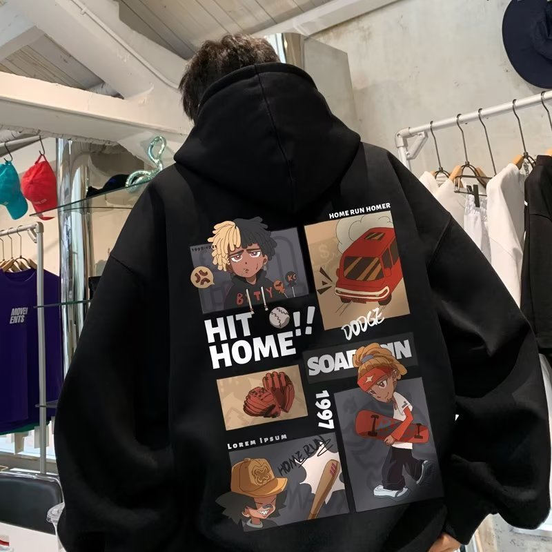 春秋款寬鬆美式重磅休閒套頭休閑印花連帽T