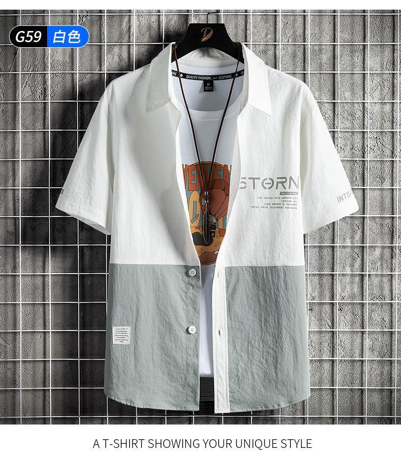 拼色薄款寬鬆潮牌港風日系寬鬆百搭襯衫上衣