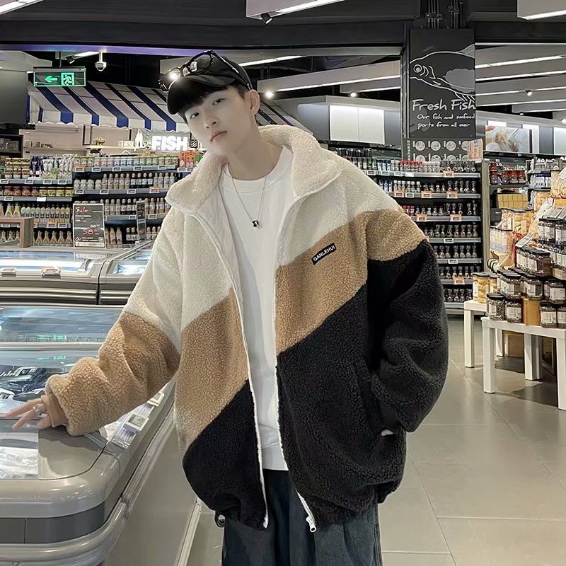 韓版寬鬆簡約立領夾克潮流拼色羊羔絨情侶外套