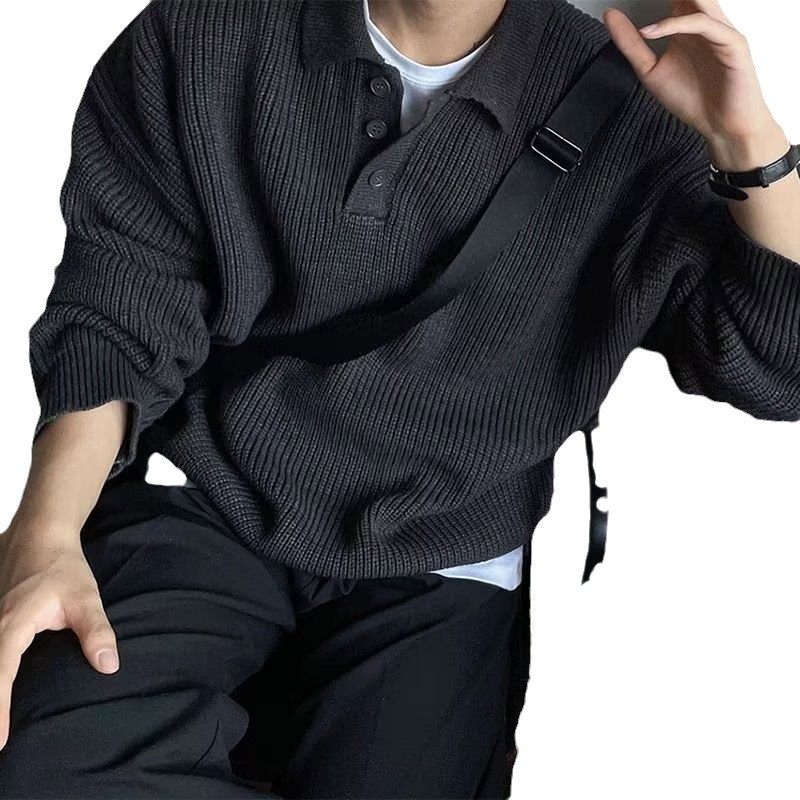 Polo領毛衣港風寬鬆復古休閒高街翻領針織衫
