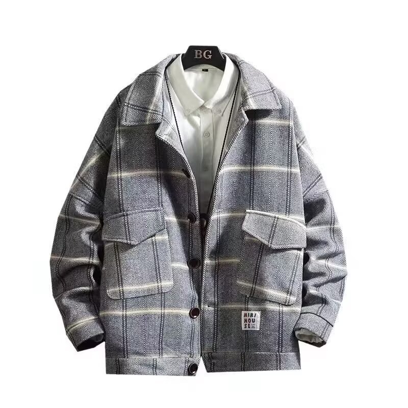 寬鬆時尚格子拼色毛呢大衣短款潮流帥氣外套