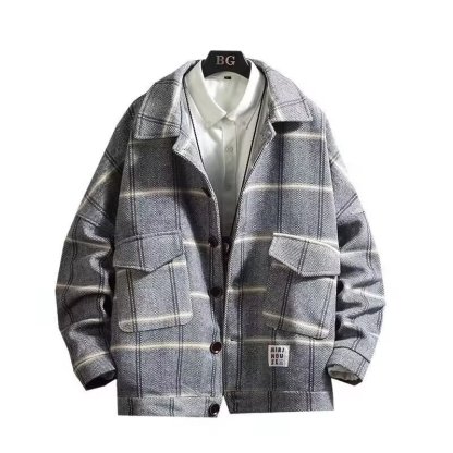 寬鬆時尚格子拼色毛呢大衣短款潮流帥氣外套