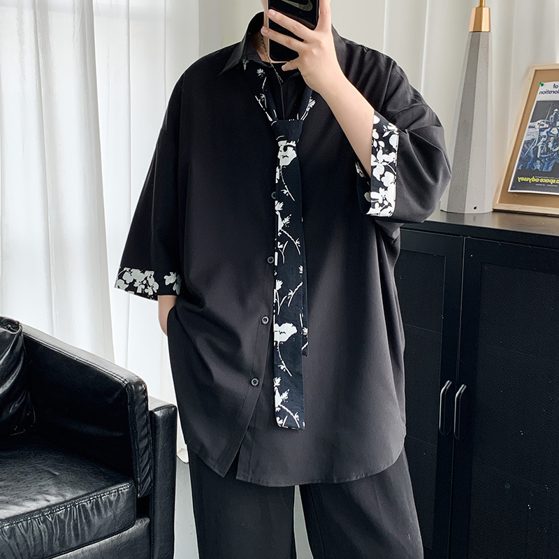 【送領帶】時尚網紅痞帥港風慵懶風短袖襯衫