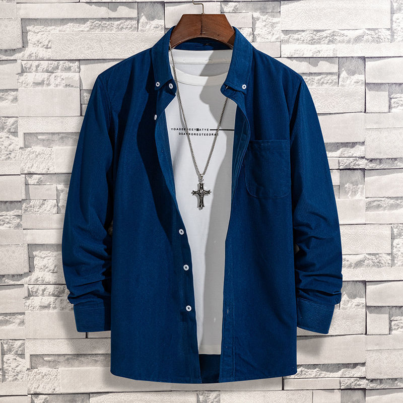 韓版寬鬆純色磨毛有口袋燈芯絨長袖襯衫