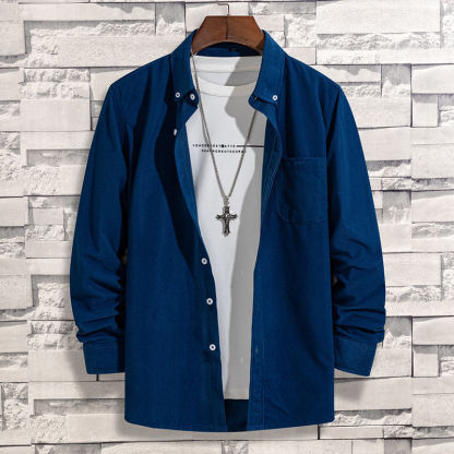 韓版寬鬆純色磨毛有口袋燈芯絨長袖襯衫