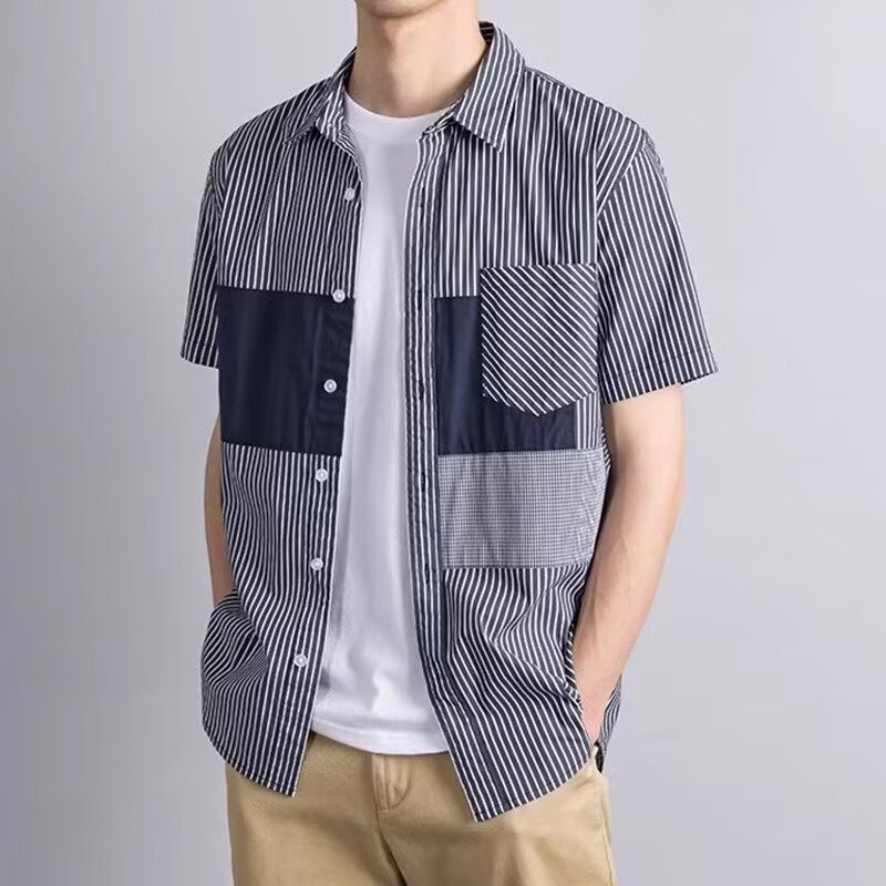 拼接撞色翻領條紋休閒時尚簡約港風襯衫