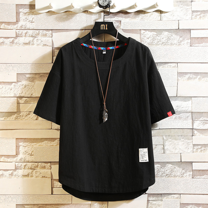 日系棉麻寬鬆純色貼布裝飾短袖T恤