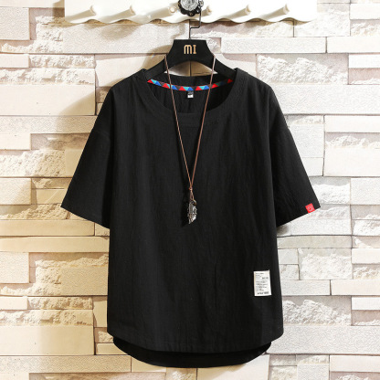 日系棉麻寬鬆純色貼布裝飾短袖T恤