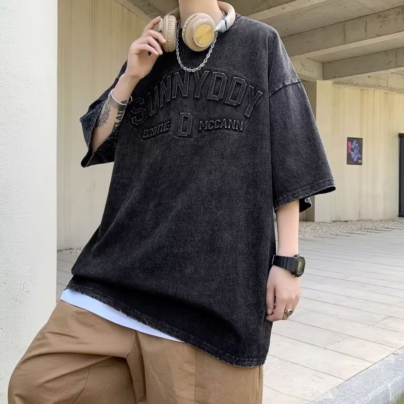 重工字母水洗做舊重磅高街美式復古t恤短袖