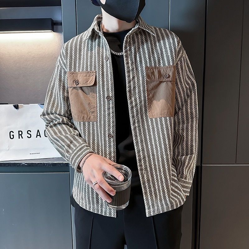 復古英倫風寬鬆口袋痞帥氣質條紋夾克外套