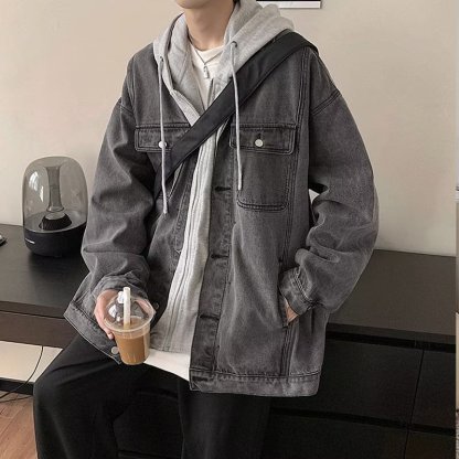 帶帽子夾克連帽休閒工裝牛仔假兩件外套