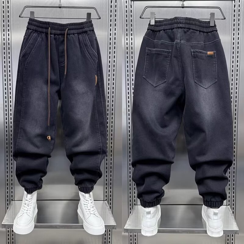 潮牌寬鬆做舊款痞帥休閒褲復古哈倫束腳牛仔褲