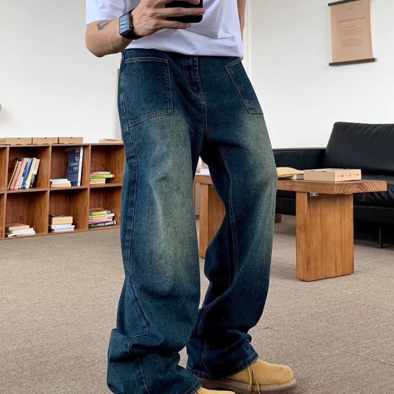 美式復古做舊牛仔垂感直筒寬鬆休閒拖地闊腿褲