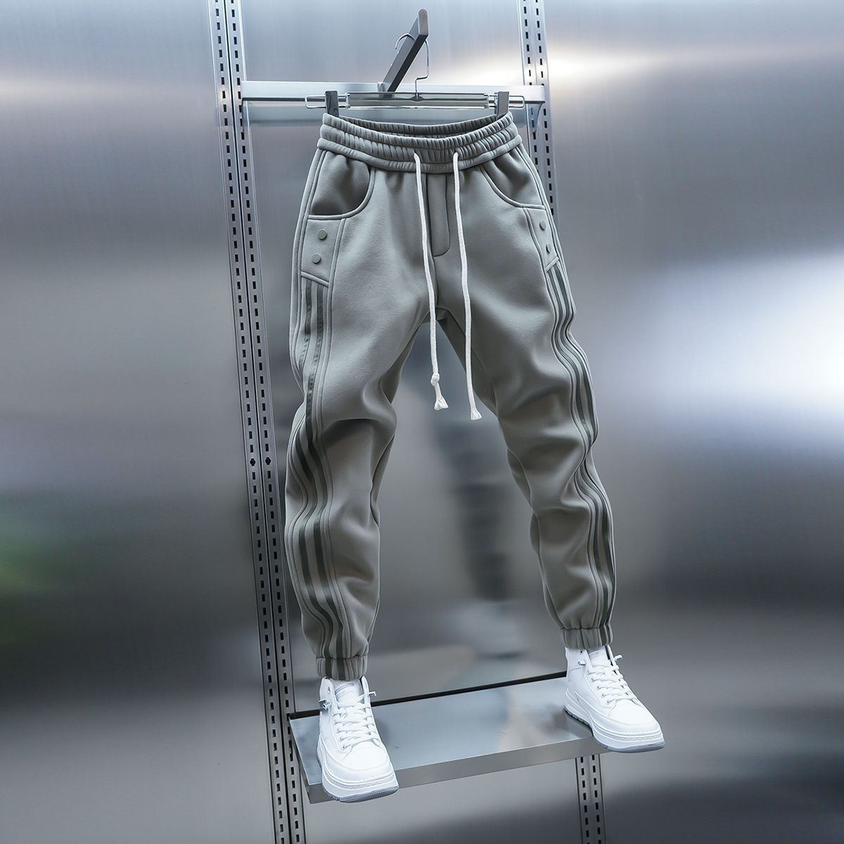 拼接豎條潮流鬆緊腰百搭時尚束腳運動休閒褲