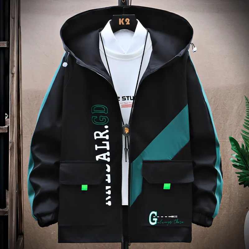 【單件/套裝】連帽撞色夾克+白色長袖T恤+休閒工裝褲三件套裝-NitSoon