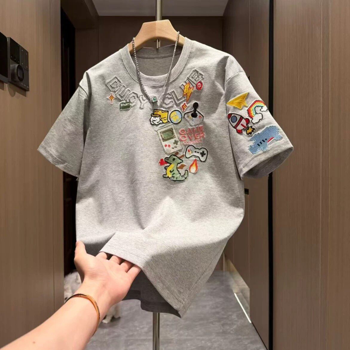 @卡通刺繡美式高街痞帥潮流情侶休閒短袖t恤