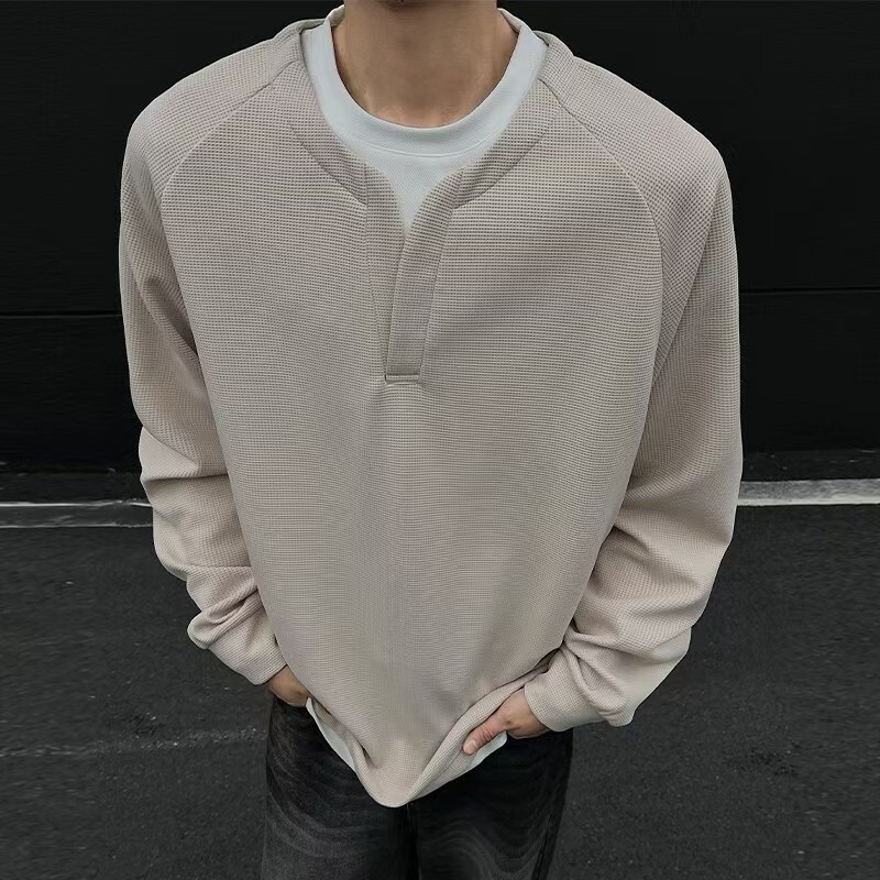 撞色假兩件V領華夫格休閒百搭長袖T恤