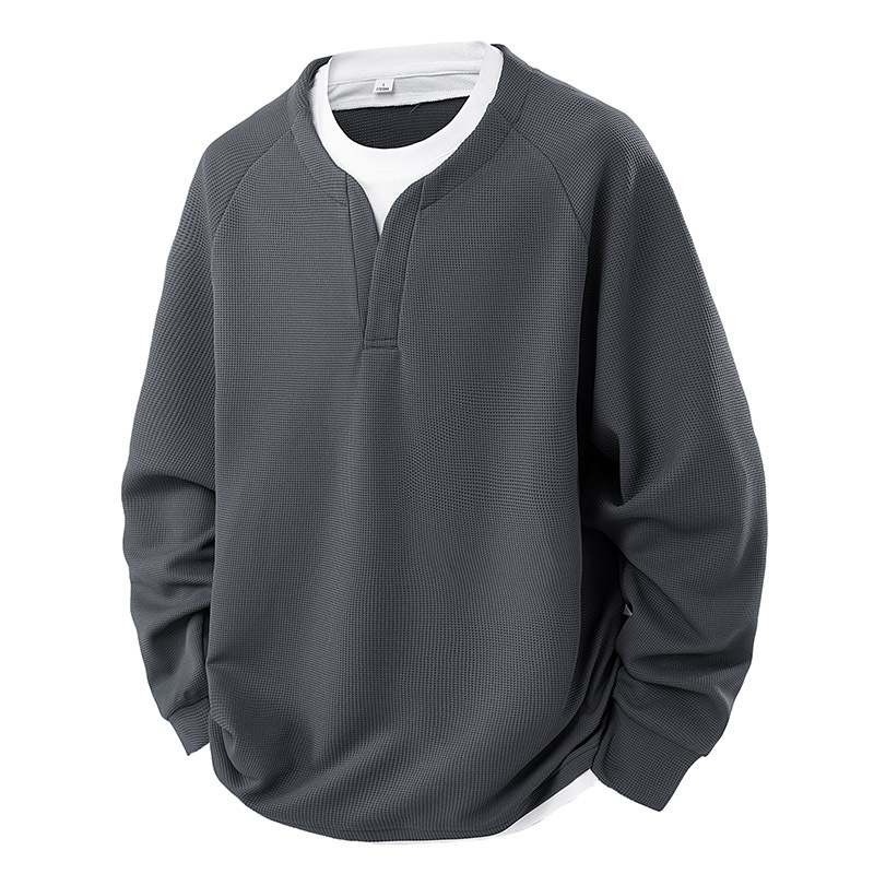 撞色假兩件V領華夫格休閒百搭長袖T恤