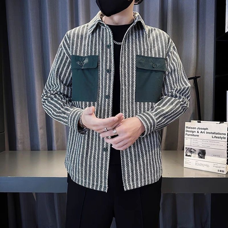 復古英倫風寬鬆口袋痞帥氣質條紋夾克外套