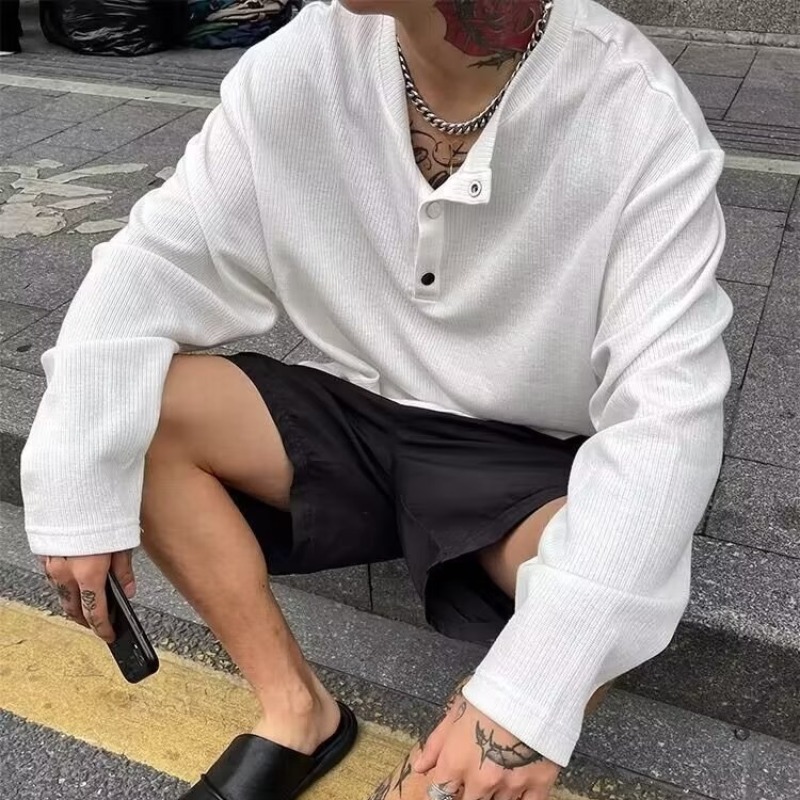 寬鬆休閒美式復古純色打底衫紐扣套頭長袖t恤