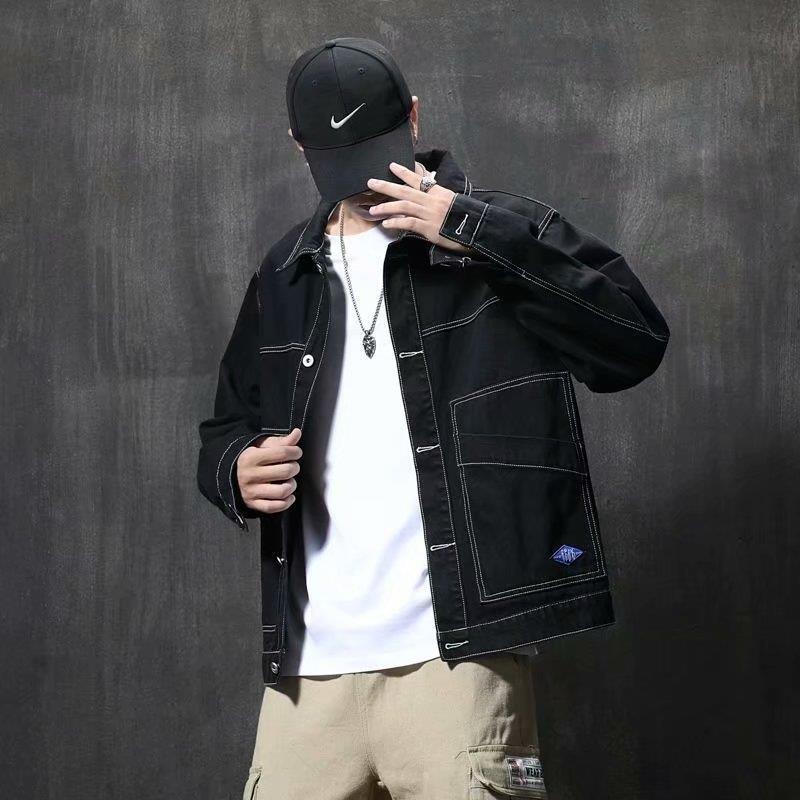 潮牌明線工裝翻領單排扣長袖夾克