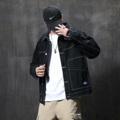 潮牌明線工裝翻領單排扣長袖夾克