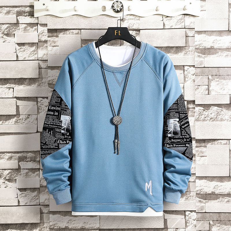 寬鬆潮流假兩件長袖T恤潮流百搭圓領衛衣-NitSoon