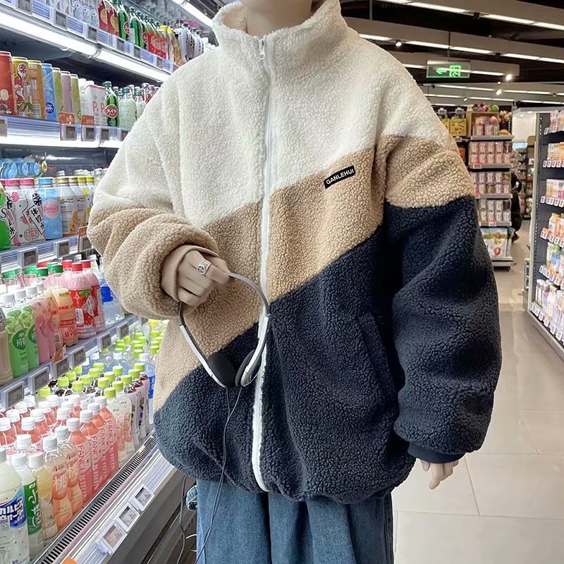 韓版寬鬆簡約立領夾克潮流拼色羊羔絨情侶外套