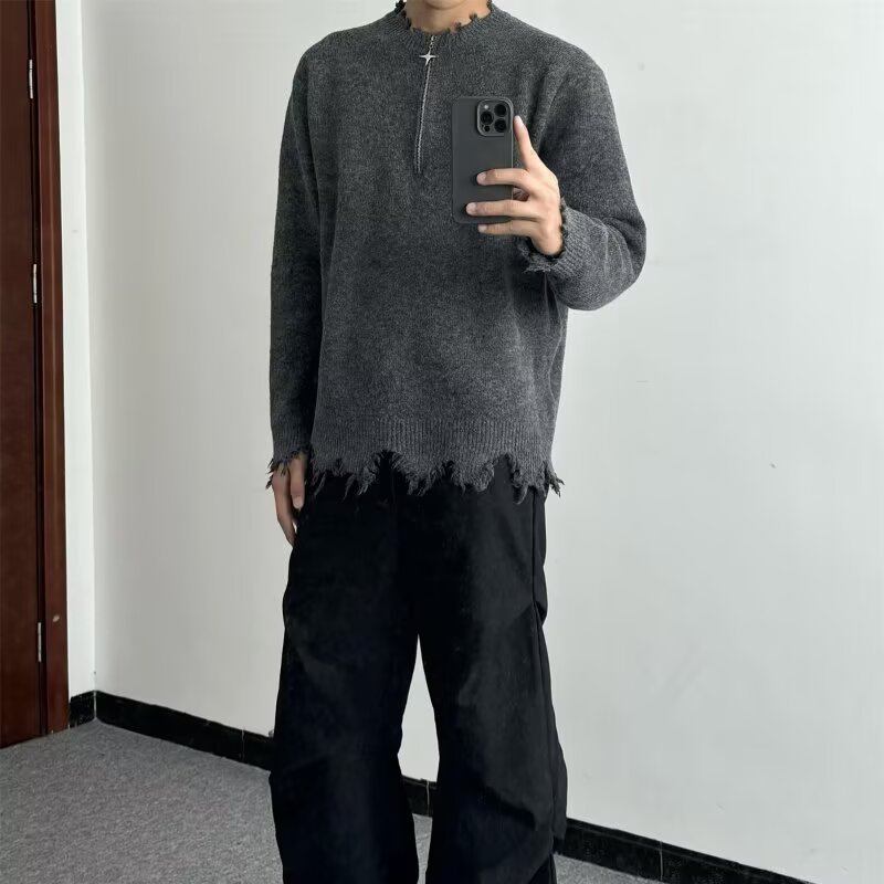 美式半拉鍊不規則毛邊寬鬆慵懶風設計感針織毛衣