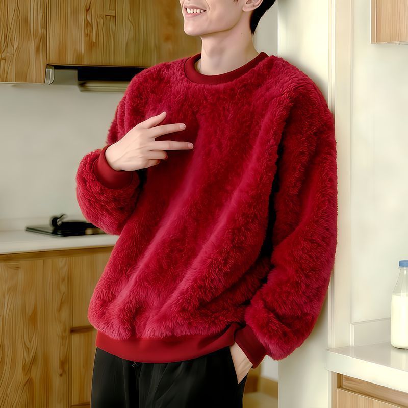 刷毛加厚韓版寬鬆大碼保暖圓領毛絨長袖T恤