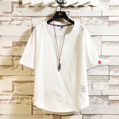 日系棉麻寬鬆純色貼布裝飾短袖T恤