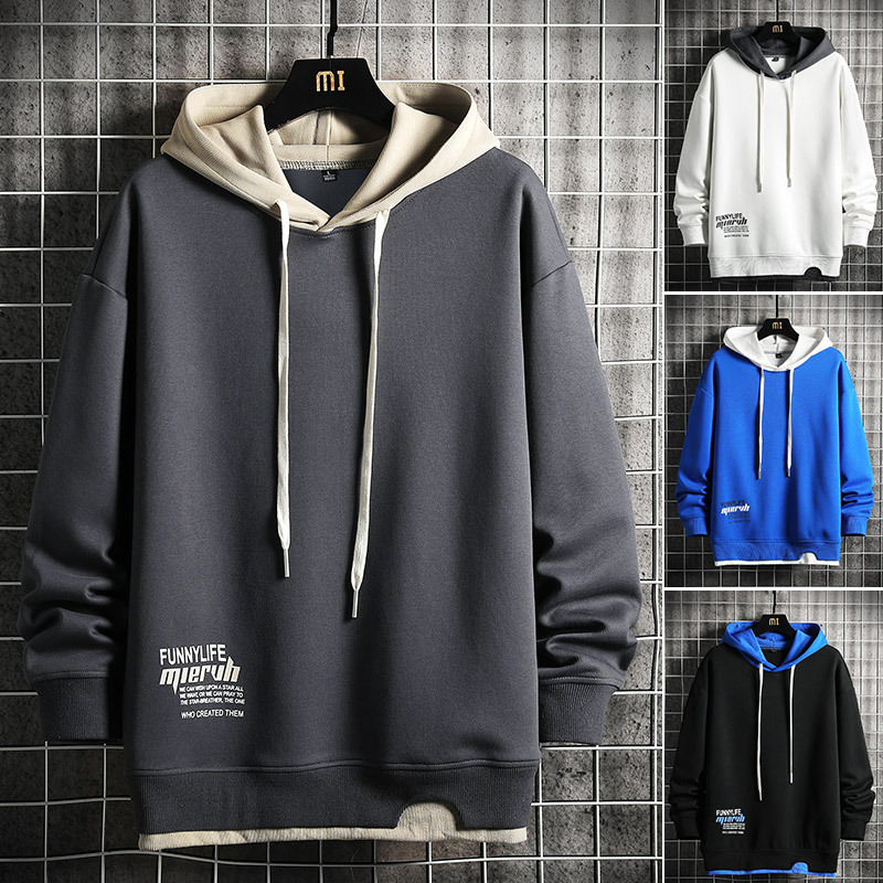 連帽長袖拼色假兩件撞色衛衣
