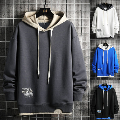 連帽長袖拼色假兩件撞色衛衣