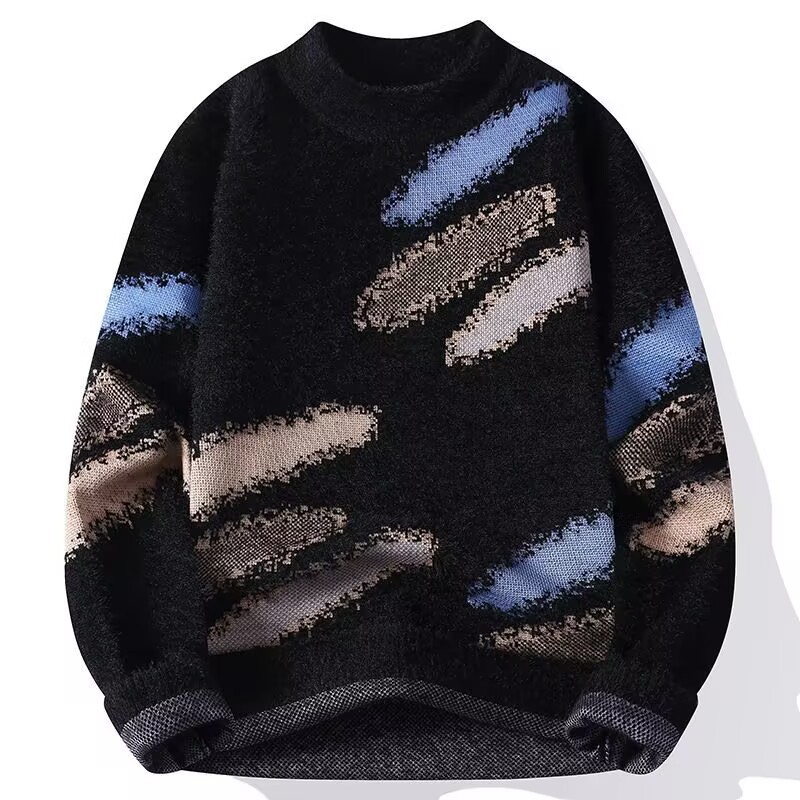 潮流帥氣拼色仿貂加厚半高領針織毛衣