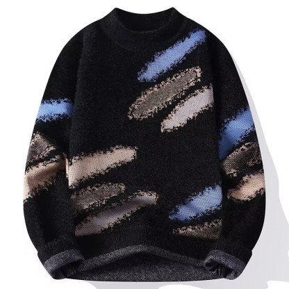 潮流帥氣拼色仿貂加厚半高領針織毛衣