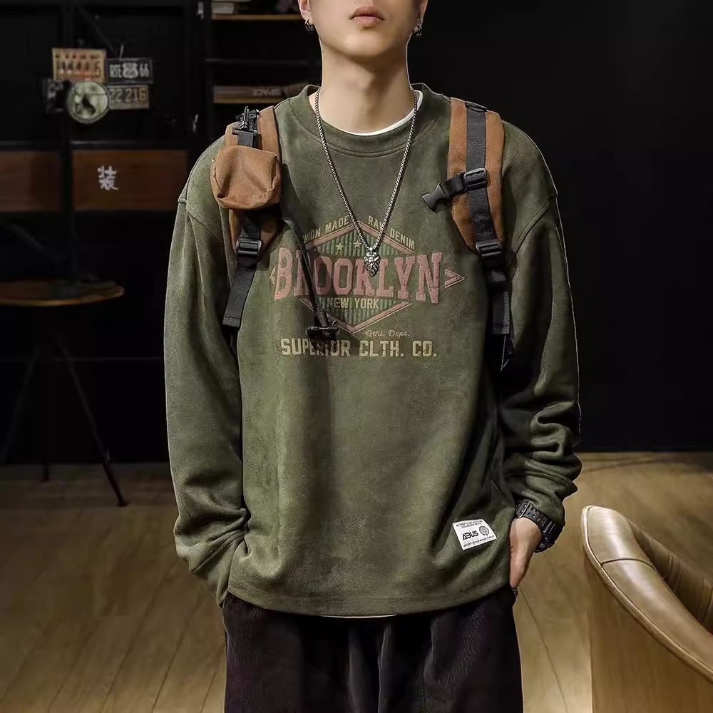 美式復古麂皮絨寬鬆潮牌圓領長袖T恤